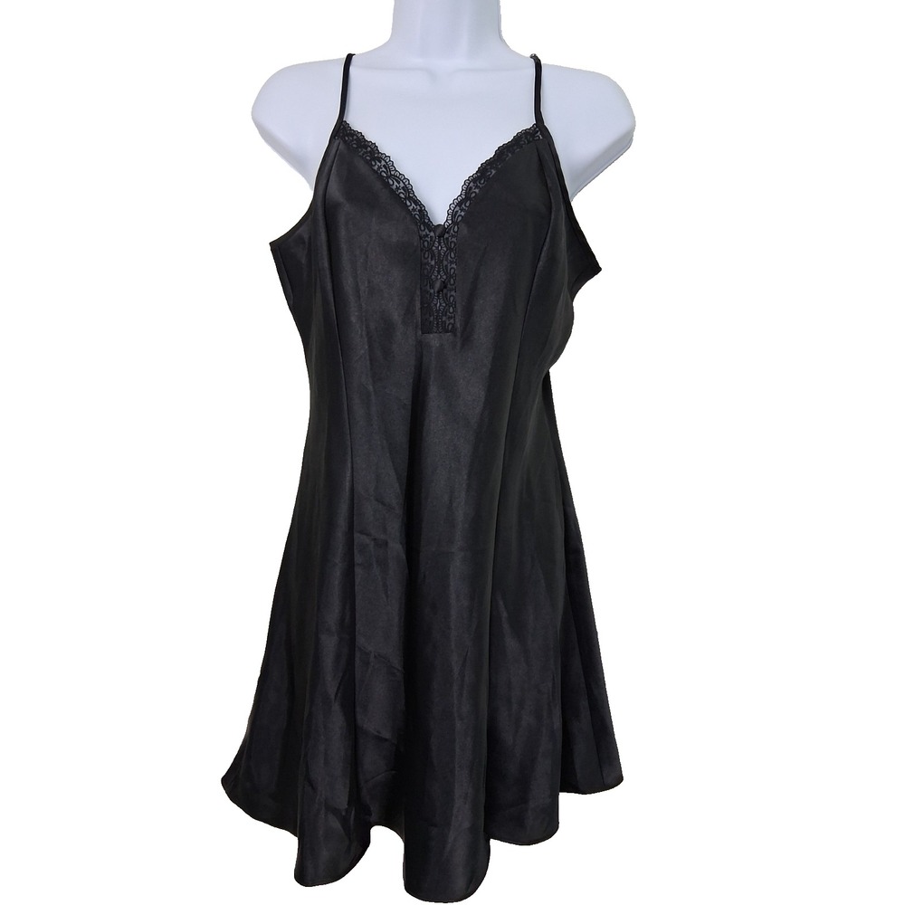 Delicates Black Baby Doll‎ Lingerie Slip Dress Size Medium Lace Trim Romantic